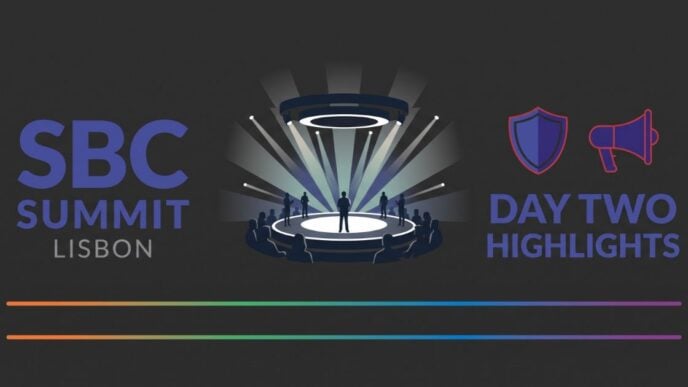 SBC Summit Lisbon day two highlights graphic with stage, shield, and megaphone icons